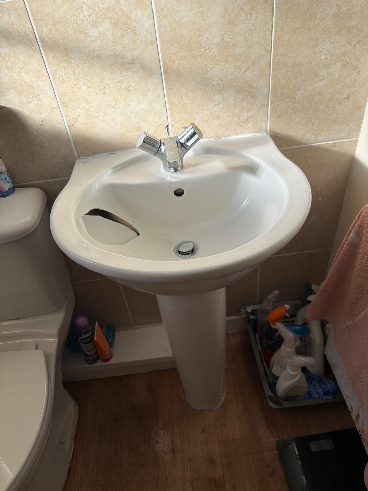 cracked a hole in the basin from dropping a granite tooth brush holder. Isolated and removed. Replacement on order. near Sanderson Villas, Gateshead — PK Plumbing